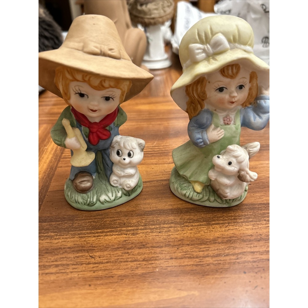 Porcelain‎ Boy & Girl With Puppies Bonnet Farmer Hat